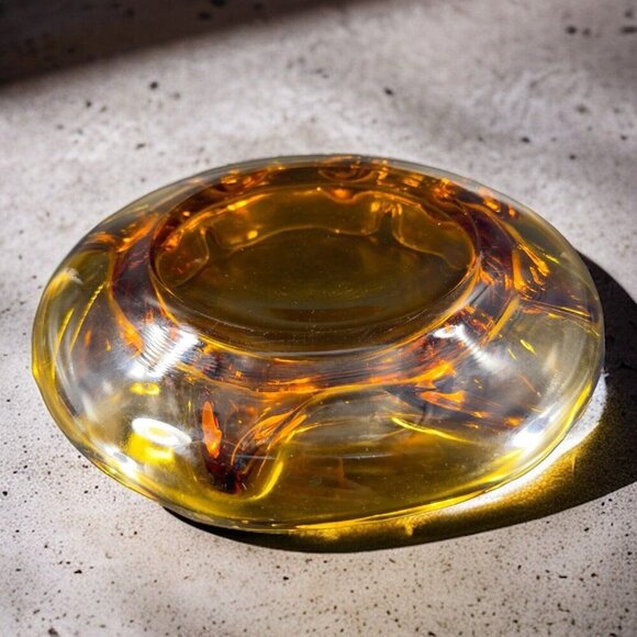 1960s Vintage Amber Glass Ashtray Dish Wavy Edges Vintage Glass Decor 8 In Wide - Picture 2 of 15